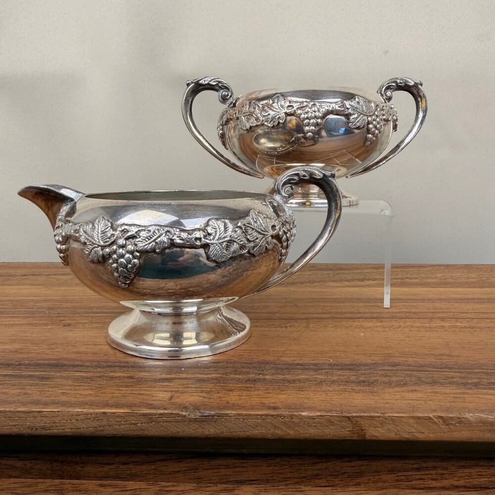 Vintage Marlboro Plate Silver Plated Creamer and Sugar Set Grapevine Pattern